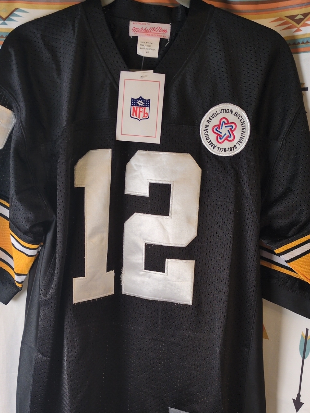 Mitchell & Ness Black and White #12 Football Jersey with Yellow Accents